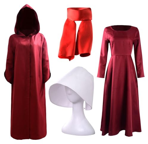 Generisch 4PCS Rot Magd Kostüm Roter Umhang mit Kapuze und Weißer Haube für Erwachsene Karneval Halloween Cosplay Costume Prop Outfit (L)
