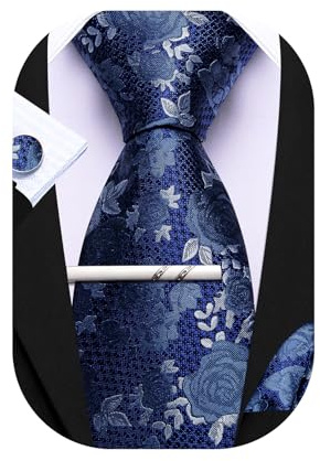 Barry.Wang Herren-Krawatten-Set, florale Krawatte, Einstecktuch, Manschettenknöpfe, Clip, klassische Herren-Seidenkrawatten, 4-teiliges Set für Hochzeit, Party, Business