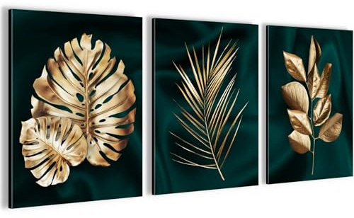 Novart Wandbilder Set Goldene Blätter - KOMPLETT AUFHÄNGFERTIG - Wohnzimmer Schlafzimmer Flur Deko - 3 Moderne Bilder Grün Gold - N034435a