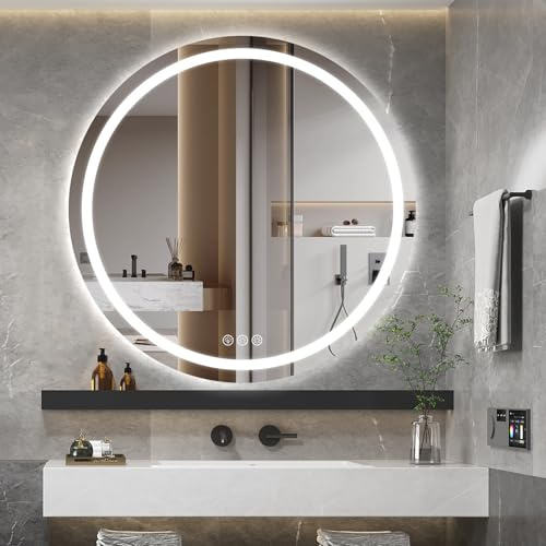 Ratsamee Badezimmerspiegel mit Beleuchtung, 80cm Runder Spiegel mit Beleuchtung, Wandspiegel mit Frontbeleuchtung, Antibeschlagfunktion, Dimmbar, mit 3 Einstellbaren Lichtfarben