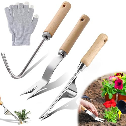 3 Stück Unkrautstecher Edelstahl Unkrautstecher Edelstahl mit Holzgriff Wurzeljäter mit Griff Unkraut Werkzeug Unkrautjäter Handbetätigt für Garten Jäten Umpflanzen Entwurzeln Geschenk für Gärtner
