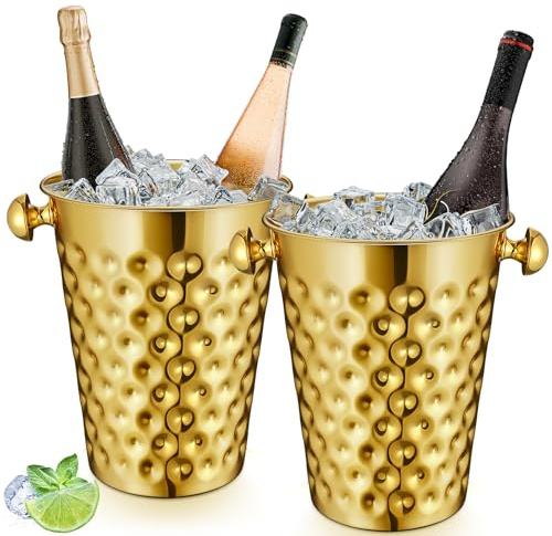 MorningRo 2 Pcs Gold Metal Champagne Ice Bucket 4.7 L Stainless Steel Doublewall Wine Ice Bucket for Bar, Party, Wedding, Banquet, Outdoor, BBQ(Hammer Texture)