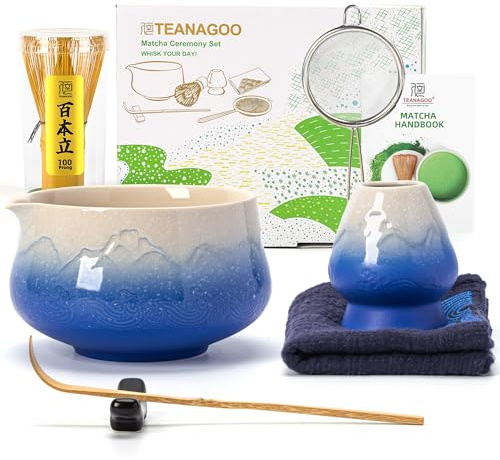 TEANAGOO 7 Pcs Matcha Set,Blue Matcha Whisk Set, Ceremony Matcha Powder Kit,Matcha Tea Set for Making Latte,Matcha Whisk Set and Bowl with Scoop&Sifter,Fuji Design Ceramic Bowl,Gift for Matcha Lovers