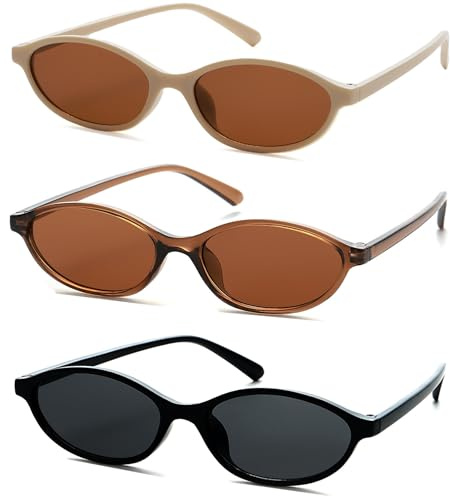 Unning 3 Stück Oval Sonnenbrille Set Damen,Vintage Cateye Sonnenbrillen Neon Lustige Schmal Brillen für Damen