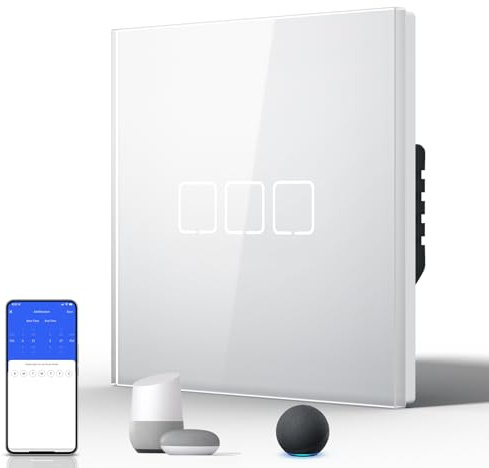 BSEED Smart Touch Lichtschalter,Glas Schalter Unterputz,Wandlichtschalter mit LED Hintergrundbeleuchtung,Neu E-Serie,16A 250V,3 Fach 1 Weg,86mm Weiß