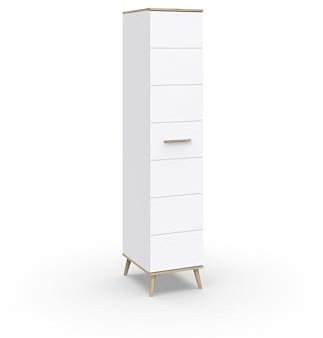 möbelando Drehtürenschrank >Fehmarn< in Weiß mit Viking-Oak Nachbildung, 42 cm Breite, 202 cm Höhe, 58 cm Tiefe, 6 Einlegeböden, Soft-Close-Türen, Made in Germany, zerlegt geliefert