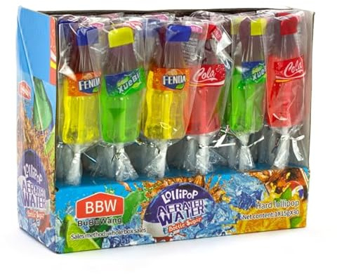 Piruletas Forma de Botella Refresco – Caja de 30 Unidades | Colores y Sabores Surtidos | Dulces Divertidos para Fiestas y Eventos