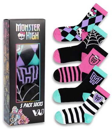 Monster High Girls Wadensocken mit Totenköpfen und Streifen | 5er-Set | Lustige Muster Logos | Lässige Alltagssocken für Kinder | Argyle- und Streifendesign