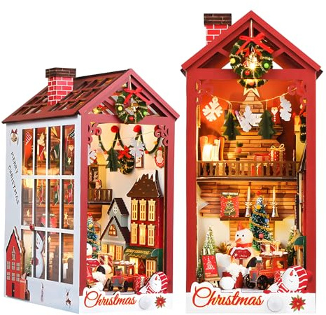 Book Nook Kit Natale in miniatura, casa delle bambole fai da te in miniatura, set di puzzle 3D in legno con lampada a LED, istruzioni per libreria, decorazione e regali creativi