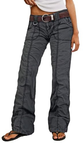 Flamingals Straight Leg Pants for Women Mid Rise Casual Cargo Solid Patch Pockets Stitch Detail Pants Dark Gray L