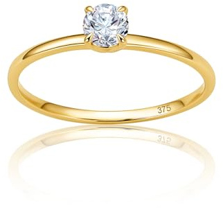 OROVI Ring Gold, 9 k (375) Gelbgold, Verlobungsring Damen mit Zirkonia Stein, Goldring mit Stein, Ring Damen, Gold Schmuck, Goldene Trauringe, Hypoallergener Schmuck, inkl. Edler Schmuckbox