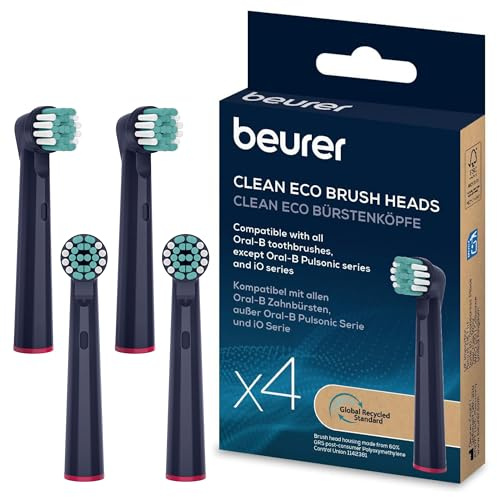 Beurer TB Clean Eco Aufsteckbürsten für elektrische Zahnbürste, 4 Bürstenköpfe kompatibel mit Oral-B Zahnbürsten, Borsten aus 100% nachwachsenden Rohstoffen, effektive Zahnreinigung, Härtegrad Mittel