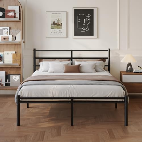 Yicensen Cadre de Lit Double 140 x 190 cm avec Tête et Pied de Métal | Support de Lattes en Métal, Lit 2 Personnes, Silencieux, Facile à Monter, Hauteur de 36 cm, Noir