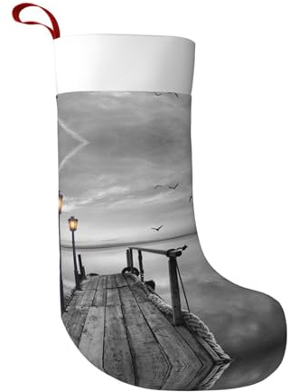 WXWJSHMGC Schwarz-weißer Strand-Pier-Druck, 45,7 cm, Weihnachtsstrumpf, Kamin, hängende Weihnachtsstrümpfe für Dekorationen, Urlaub, Party