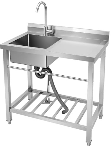 OUBUBY Diskbänk i rostfritt stål, 80 × 55 cm stort fristående rostfritt stål diskbänk gastro 1 handfat med kran och handdukshållare kommersiell diskbänk med underskåp för restaurang, kök, garage