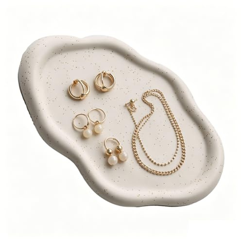 Dekorativ bricka i keramik, molnformad smyckesskylt för display och förvaring Nyckelklockor Örhängen Armband Halsband Ringar, Entrébordsfat (Vit Oval)