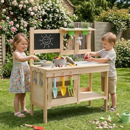 LALAHO Outdoor Mud Kitchen for Kids, Wooden Play Kitchen Set with Sink, Blackboard, Storage Cabinet, Stove, Pots & Flower Pots for Garden, Backyard