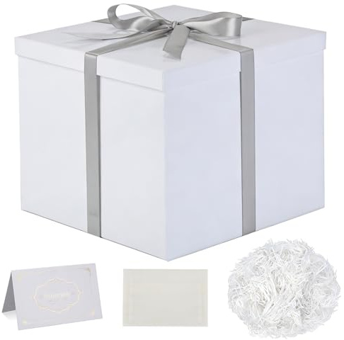 Forbabe Geschenkbox mit Deckel 30 x 30 x 25 cm, Geschenke Box Groß - Weiße | Geschenke Box mit Schleifen Grußkarten Raffia Hamper Shreds Weiße Geschenkbox Groß für Weihnachten Geburtstag Hochzeitstag