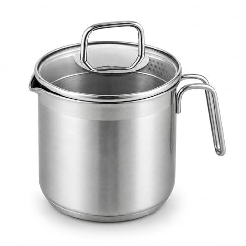 BAIFULAI 1.9L Silber Milchtopf mit Deckel: Ø 14cm Edelstahl-Milchtopf mit Griff und Ausgießer, Kochtopf Induktion mit Griff und Ausgießer Universaltopf für alle Herdarten für Küche und Haushalt