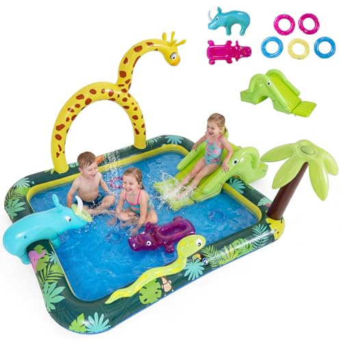 COSTWAY Piscina Gonfiabile Bambini, Parco Giochi Acquatico a Tema Giungla con Scivolo, Irrigatore a Arco, Gioco degli Anelli e 2 Toppe di Riparazione per Bambini 2-6 Anni, 208 x 178 x 138 cm