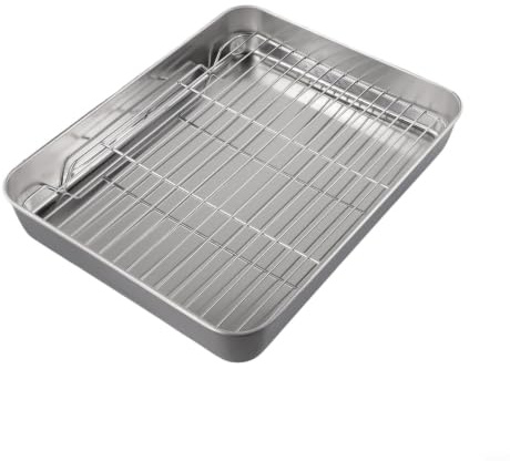 Moliuoly rostfritt stål bakplåt med kylgaller-set, diskmaskinsäker och mångsidig ugnspanna för tårta kött grönsaker, glänsande för yta, för perfekt för kök grillning, 23 x 17 x 5 cm silver (31 x 24 x