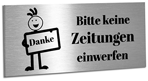 Briefkastenschild Bitte keine Zeitungen einwerfen aus V2a Edelstahl mit Motiv. Schild 80 x 35 mm