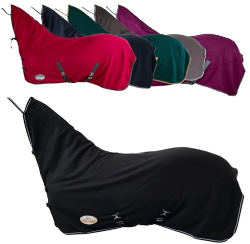 Marengos - Abschwitzdecke Economic mit Halsteil – Schwarz – 155cm | Pferdedecke mit Kreuzgurt, Metallverschluss, Schweifkordel – atmungsaktive Fleecedecke – Pferde-Outdoordecke – Zubehör