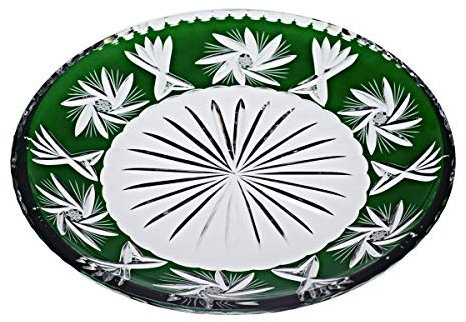 Glasteller Kuchenteller flach Grün geschliffen Schleuderstern Kristallglas 29 cm