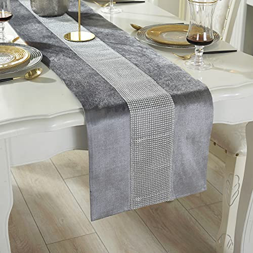 Deggodech Grau Tischläufer 32 x 180 cm Glitter Tischläufer Silber Diamant Table Runner für Küchentisch, Kaffeetisch, Kommode，Weinschrank Dekoration (180cm, Grau)