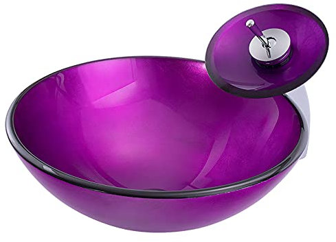 SHUGUANG Lavandino in Vetro Temperato, Lavabo da Appoggio ​in Vetro Temperato Artistico Lavabo da Bagno Tondo Lavabo da Appoggio con Set di Scarico dell'Acqua, Rubinetto Cascata, 420×420×145mm,Viola