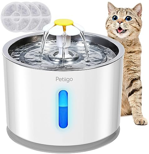 Petiigo Fontaine à Eau pour Chat Chien 2.4L, Silencieux Fontaine Eau Chat avec LED Fenêtre de Niveau d'eau et 3 Filtre à Charbon Actif