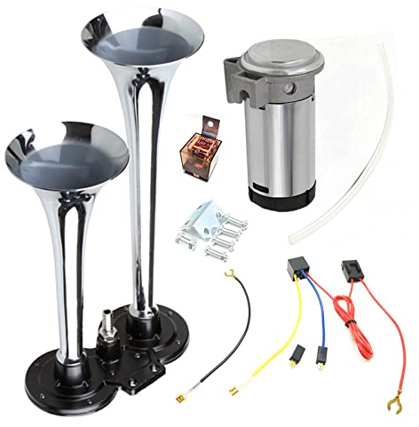 YIYIDA Auto Horn Air Horn 150DB Lautsprecher Chrom Zink Doppeltrompete Silber Lautsprecher Truck Horn Truck Air Horn mit Kompressor Car Horn Lautsprecher für 24V Auto yacht LKW Boot Moto Vans etc