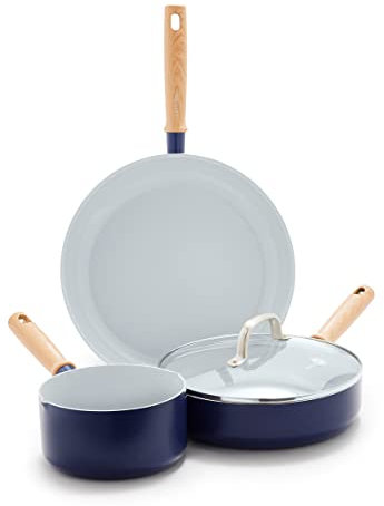 GreenPan Hudson Healthy Ceramic Nonstick, 4 Piece Cookware Pots and Pans Set, Vintage Vintage Wood Inspired Handle, PFAS-Free, Dishwasher Safe, Navy Blue