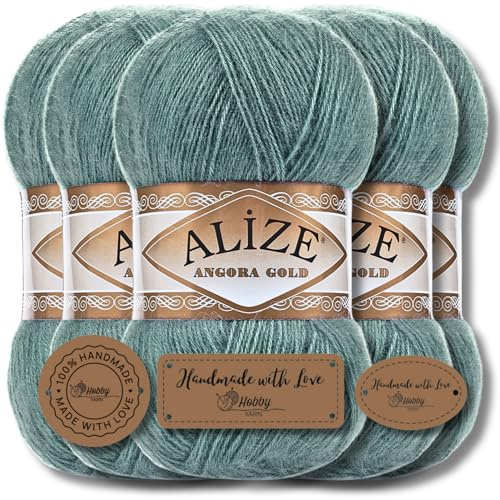 Hobby YARN 3x Etikettenlabel mit Alize Angora Gold Wolle Premium 5x100g als Set, Yarn, Garn, Dünne Mohair aus Schurwolle, Uni, Einfarbig, Strickgarn (Azure - 164)