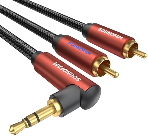 SOUNDFAM 3.5mm Klinke auf 2x Cinch Kabel 2m - 90° Winkelstecker mit 24K Gold | HiFi Stereo Audio Kabel für für Smartphone Lautsprecher