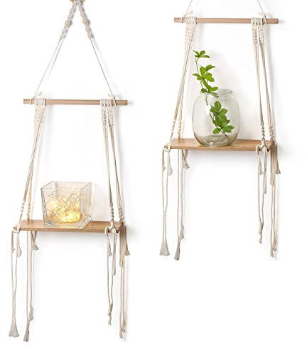 CIOUYAOS Floating Shelves Wall Decor, Decorative Home Accessories Boho Macrame Rope Wooden Art Rustic Mounted White Small Hanging Shelf for Living Room Bedroom Nursery Home House Kitchen (Quadrangle)