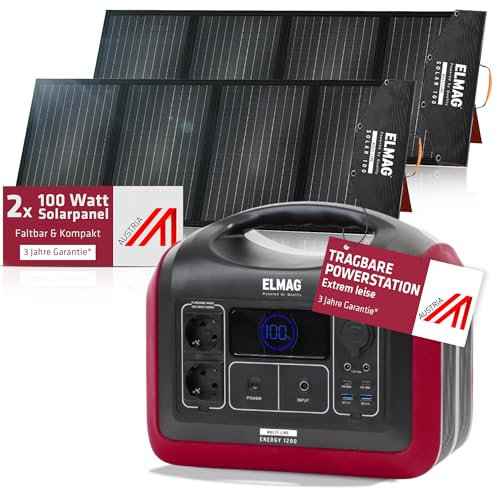 ELMAG Solargenerator-Set Energy 1200 + SOLAR 100 Duo – 992Wh tragbare Powerstation mit 2 faltbaren 100Wp Solarpanelen – Stromspeicher mit 230V AC/DC/USB Ausgabe – Für Camping, Outdoor & Notstrom