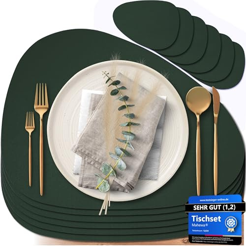 Set di 6 tovagliette premium in ecopelle Mahewa® - Tovaglietta lavabile e impermeabile - Sottopiatto per piatti in effetto pelle (verde pino, ovale)