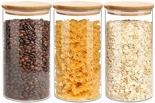 VIEWELLD 1.5 Qt Round Glass Storage Containers with Lids, Clear Food Storage Container Jar with Sealing Bamboo Lid for Noodles Flour Cereal Rice Sugar Tea Coffee Beans, Round Set of 3