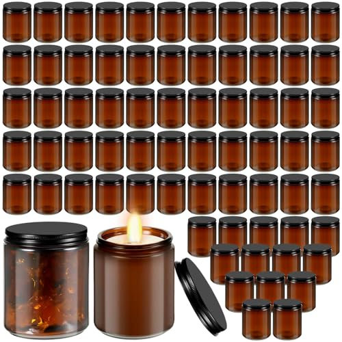 Lallisa 72 Pcs 8 oz Amber Glass Jars with Black Lids Round Glass Cosmetic Jars with Lids Empty Amber Candle Jars Refillable Food Storage Containers Canning Jar for Spice Powder Liquid Sample Makeup