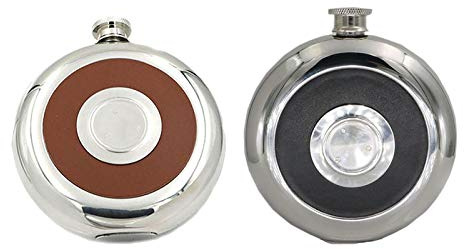 Pyugxab Flachmann aus Edelstahl, rund, mit integriertem Schnapsglas, 142 ml, hochglanzpoliert, Mini-Alkoholflaschen, Schwarz und , 2 Stück