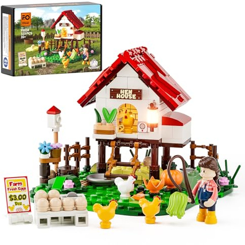 FUNWHOLE Granja Gallinero-Iluminación Juego de Ladrillos de Construcción - Granja Vida Gallinero y Colección de Animales Luz LED Construcción Modelo Set 323 Piezas para Adultos y Adolescentes