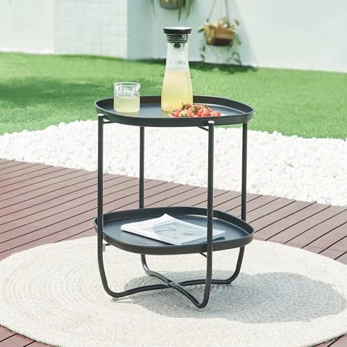 [en.casa] utomhus sidobord Sandefjord brickbord balkongbord med 2 avtagbara brickor svart trädgårdsbord 57,5 x 46 x 46 cm rektangulärt inomhus metallbord