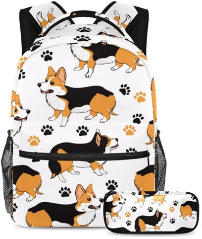 VAPOKF Corgi Schulranzen-Set mit Hund und Fußabdrücken für Teenager, Mädchen, Jungen, Kinder, Schüler-Büchertasche, Rucksack mit Federmäppchen für die Grundschule, multi, Einheitsgröße,