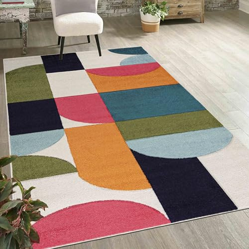 Mazovia Teppich Bunt - Moderner bunter Kurzflor-Teppich mit geometrischem Muster, weich & pflegeleicht, für Wohnzimmer, ÖKO-TEX Zertifiziert - Creme Marineblau 180 x 250 cm