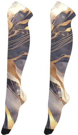 VFSAfiwaf Schwarze und goldene Luxus-Marmor-Textur, Overknee-Socken für Damen, lässige Schlauchsocken, lange Strümpfe für Büro, Damen, hohe Stiefel-Strümpfe, Beinstulpen für Cosplay, 1 Paar, Siehe