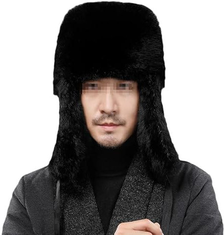 QUSYZD Wintermütze für Herren, Kunstpelzmütze, russische Mütze, warme Herrenmütze, Flache Schwarze russische Mütze mit Ohrenklappen, Mütze cm 58-59cm,Hat C-M 58-59cm