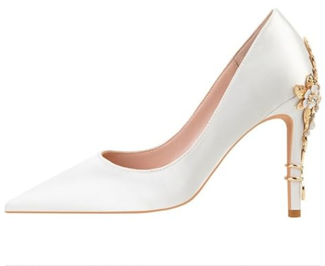 Amtopiyo Scarpe da sposa in raso floreale da donna a punta 10 cm tacco a spillo pompe eleganti da sposa, bianco, 35 EU