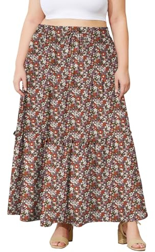 Moon Wood Jupe Longue Femme Boheme Elastique Taille Haute Jupe Trapeze Femme Volant Plissée avec Poches Maxi Skirt Décontractée Élégante Floral 03 5XL