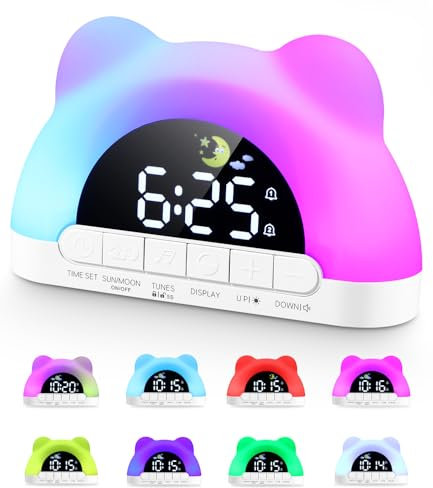 PERMUST Wecker Kinder Mädchen Jungen, Led Kinderwecker 10 Weckerlärme und 11 RGB-Farben, Wecker Digital Kinder 2 Alarme + Snooze, Schlaftrainer Kinder Einstellbare Helligkeit & Lautstärke